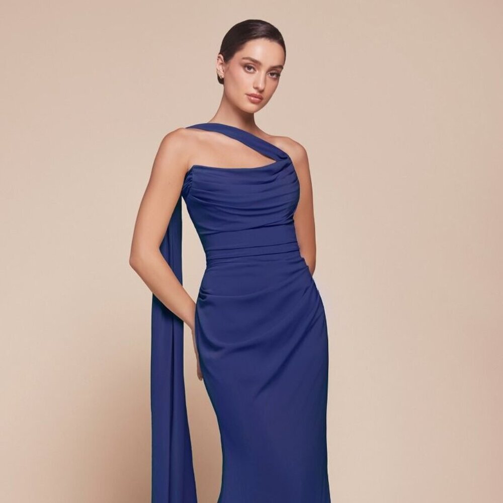NEW OFF THE SHOULDER LONG SHEATH CHIFFON DRESS W/ SCOOP NECKLINE & TIES CD 7433